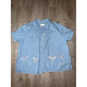 C.J. Banks Women Denim Butterfly Dragonfly Embroidered Short Sleeve Collar Shirt